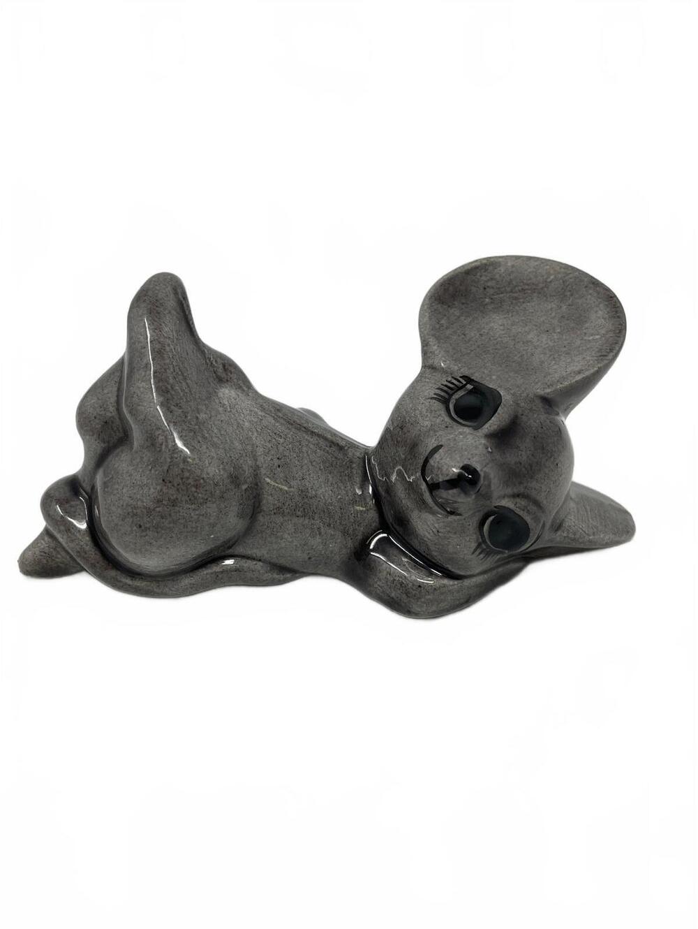 Vintage Ceramic Laying Grey Mouse Figurine Large Ears Eyelashes Glossy Glaze MCM